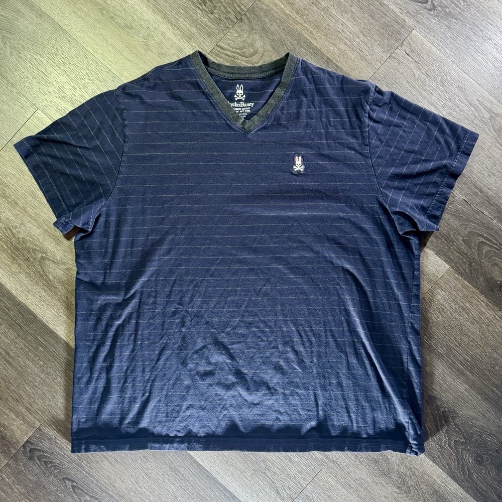 Psycho Bunny V Neck T-Shirt Mens Sz 2XL Blue Stripe Embroidered Logo Pima Cotton